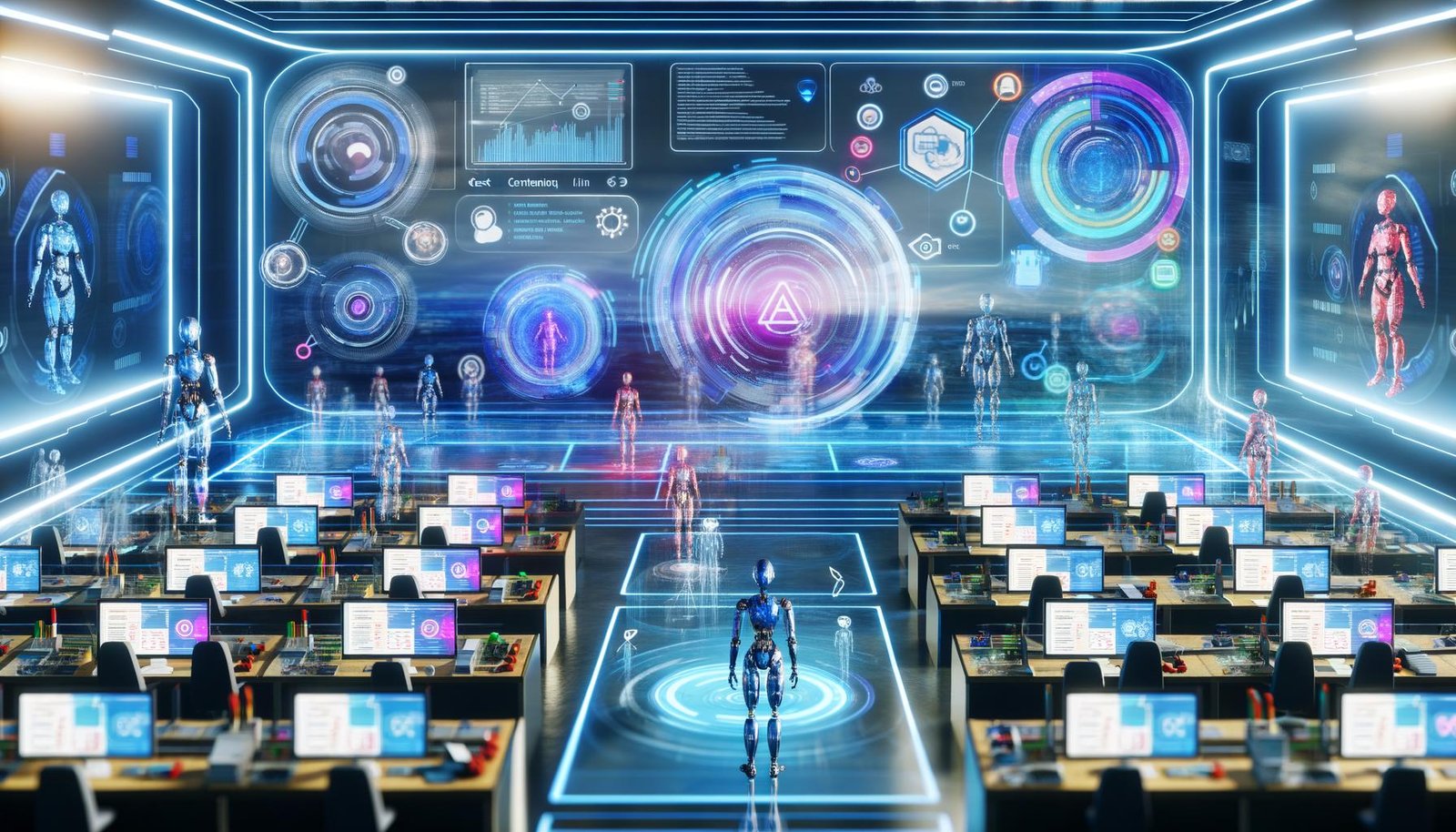 Ultramodernes Control-Center mit digitalem Dashboard, vernetzten Arbeitsplätzen, Menschen und KI, zentralem Dashboard und kreativen Workflows für Text, Bild und Video.