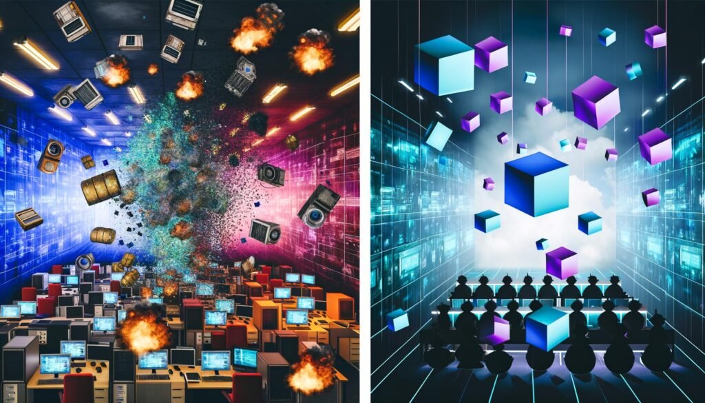 Geteiltes Bild: Links ein überladenes, unsicheres Büro mit alter Technik und Datenchaos, rechts ein modernes Startup-Büro mit schwebenden Datenwürfeln, Transparenz und Datenschutz.