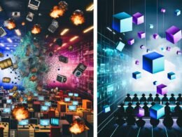 Geteiltes Bild: Links ein überladenes, unsicheres Büro mit alter Technik und Datenchaos, rechts ein modernes Startup-Büro mit schwebenden Datenwürfeln, Transparenz und Datenschutz.