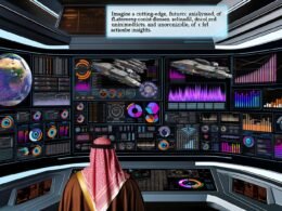 Futuristischer Arbeitsplatz mit frustriertem Analysten vor cockpitartigem, mit Daten überfülltem Dashboard ohne klare Einblicke.