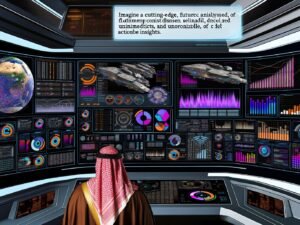 Futuristischer Arbeitsplatz mit frustriertem Analysten vor cockpitartigem, mit Daten überfülltem Dashboard ohne klare Einblicke.