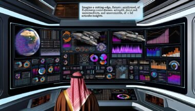 Futuristischer Arbeitsplatz mit frustriertem Analysten vor cockpitartigem, mit Daten überfülltem Dashboard ohne klare Einblicke.