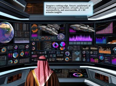 Futuristischer Arbeitsplatz mit frustriertem Analysten vor cockpitartigem, mit Daten überfülltem Dashboard ohne klare Einblicke.