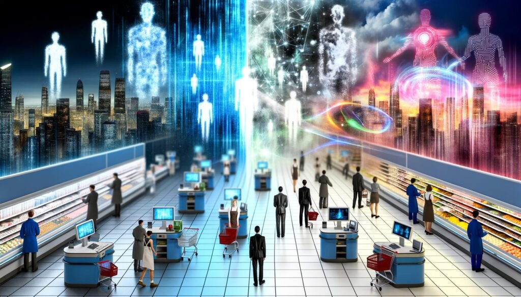 Illustrationen zu KI und Automatisierung: von verblassenden Arbeitern über Roboter und digitale Avatare bis zu kreativen neuen Berufen, Mensch-Maschine-Kollaboration, Risiken wie Arbeitslosigkeit und digitale Spaltung sowie ethische und Lernräume.