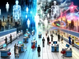 Illustrationen zu KI und Automatisierung: von verblassenden Arbeitern über Roboter und digitale Avatare bis zu kreativen neuen Berufen, Mensch-Maschine-Kollaboration, Risiken wie Arbeitslosigkeit und digitale Spaltung sowie ethische und Lernräume.