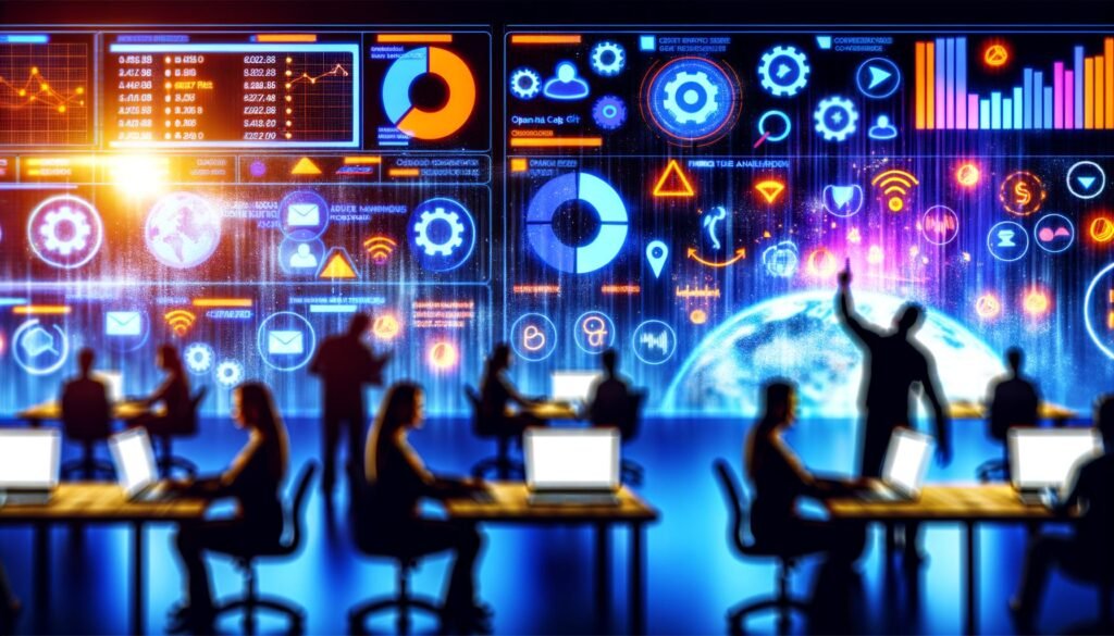 Team von Marketern betrachtet moderne Dashboards mit E-Mail-Analysemetriken, Heatmaps sowie Datenschutz-Warnhinweisen in einem lebendigen Arbeitsbereich.