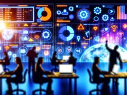 Team von Marketern betrachtet moderne Dashboards mit E-Mail-Analysemetriken, Heatmaps sowie Datenschutz-Warnhinweisen in einem lebendigen Arbeitsbereich.
