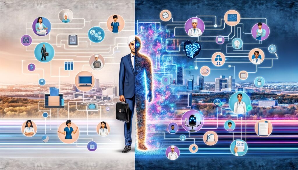 Digitales Artwork eines Menschen im Business-Outfit, halb in klassischer Arbeitsumgebung, halb von leuchtenden KI-Symbolen und Datenströmen umgeben, mit Skyline aus Kliniken, Banken, Fabriken und sich wandelnden Berufs-Silhouetten.