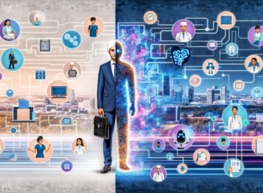 Digitales Artwork eines Menschen im Business-Outfit, halb in klassischer Arbeitsumgebung, halb von leuchtenden KI-Symbolen und Datenströmen umgeben, mit Skyline aus Kliniken, Banken, Fabriken und sich wandelnden Berufs-Silhouetten.