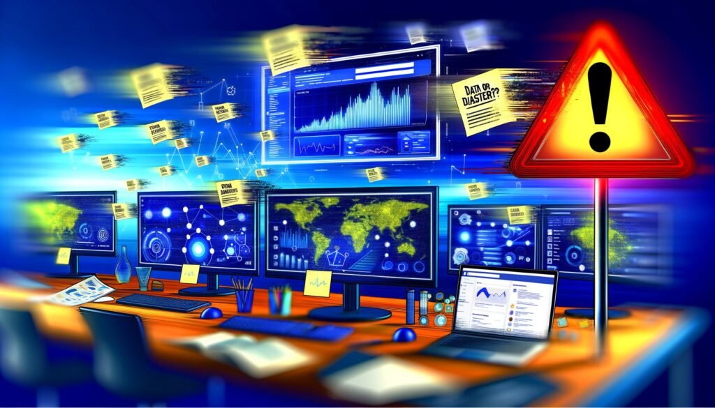 Digitaler Arbeitsplatz mit Facebook Ads-Dashboards auf Monitoren, roten Warnschild 'Daten oder Desaster?', Technik-Gadgets, Notebooks, Post-its mit KPIs und Facebook-Logo im Hintergrund