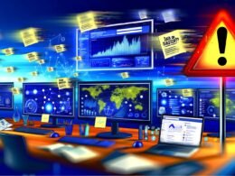 Digitaler Arbeitsplatz mit Facebook Ads-Dashboards auf Monitoren, roten Warnschild 'Daten oder Desaster?', Technik-Gadgets, Notebooks, Post-its mit KPIs und Facebook-Logo im Hintergrund