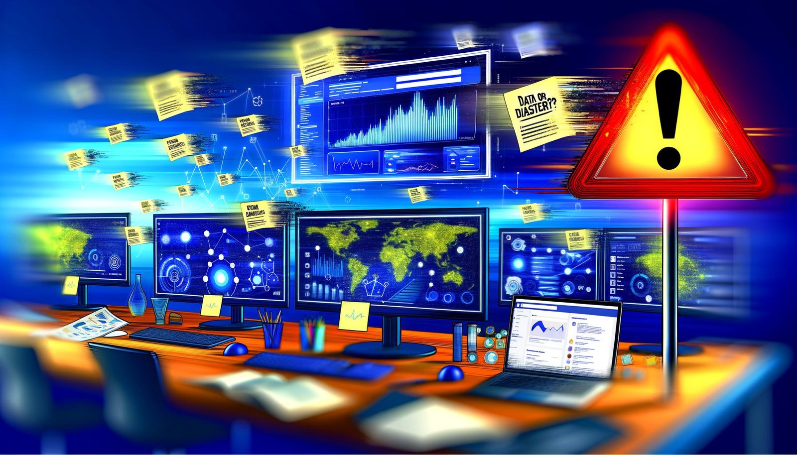 Digitaler Arbeitsplatz mit Facebook Ads-Dashboards auf Monitoren, roten Warnschild 'Daten oder Desaster?', Technik-Gadgets, Notebooks, Post-its mit KPIs und Facebook-Logo im Hintergrund