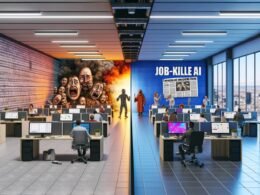Futuristisches Büro mit zwei Hälften – panische Angestellte unter Schlagzeilen über Jobkiller-KI rechts, kreative Teams nutzen KI-Tools links