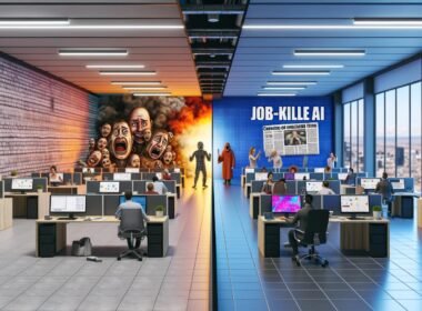 Futuristisches Büro mit zwei Hälften – panische Angestellte unter Schlagzeilen über Jobkiller-KI rechts, kreative Teams nutzen KI-Tools links