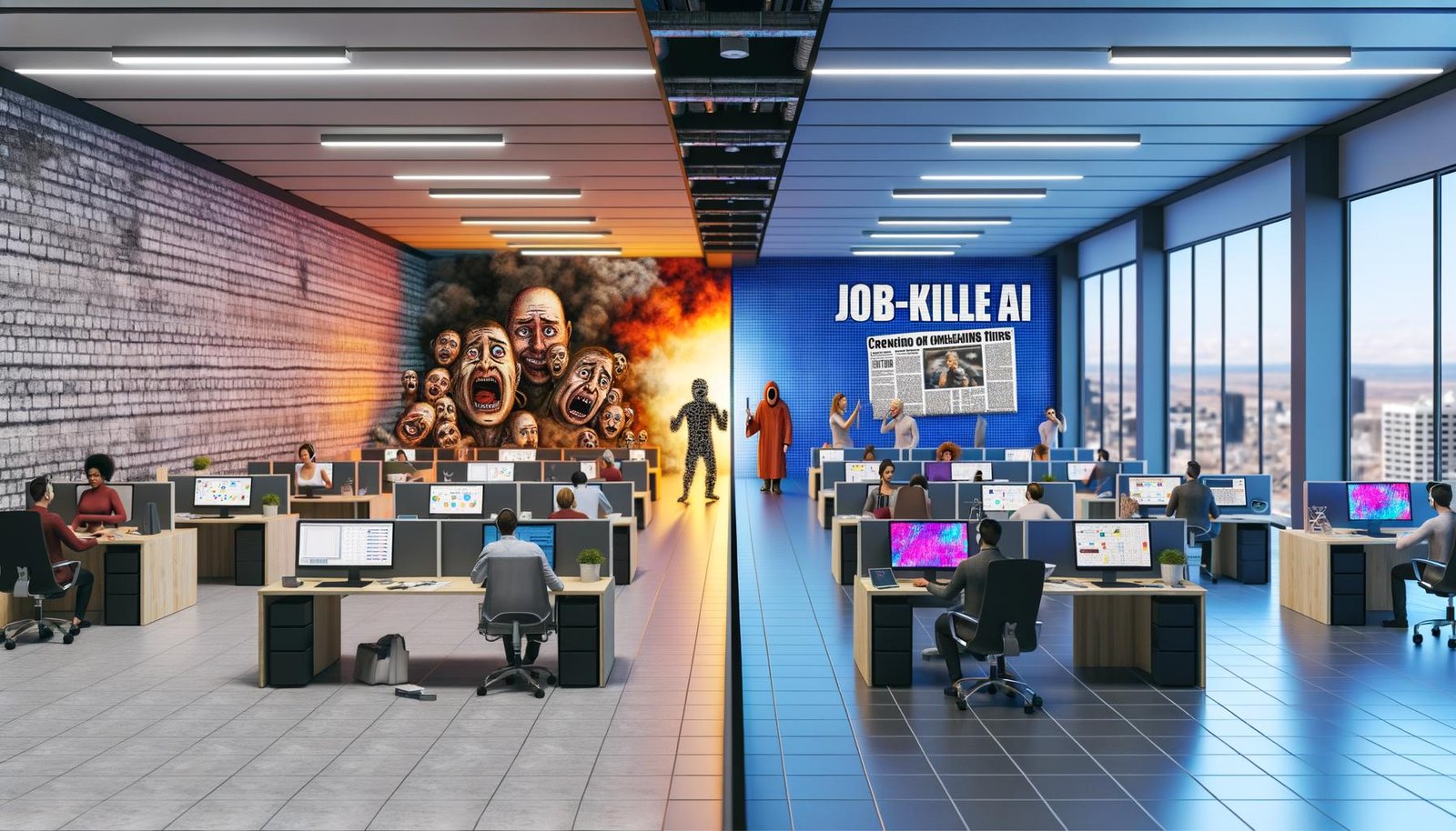 Futuristisches Büro mit zwei Hälften – panische Angestellte unter Schlagzeilen über Jobkiller-KI rechts, kreative Teams nutzen KI-Tools links