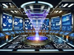 Modern gestalteter Maschinenraum mit digitalen Anzeigen, Datenströmen, Funnel-KPIs und integrierten Marketing-Systemen im Hightech-Stil.