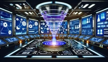 Modern gestalteter Maschinenraum mit digitalen Anzeigen, Datenströmen, Funnel-KPIs und integrierten Marketing-Systemen im Hightech-Stil.
