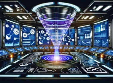 Modern gestalteter Maschinenraum mit digitalen Anzeigen, Datenströmen, Funnel-KPIs und integrierten Marketing-Systemen im Hightech-Stil.