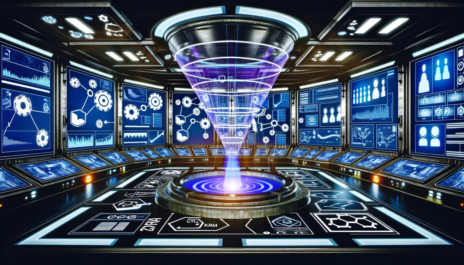 Modern gestalteter Maschinenraum mit digitalen Anzeigen, Datenströmen, Funnel-KPIs und integrierten Marketing-Systemen im Hightech-Stil.