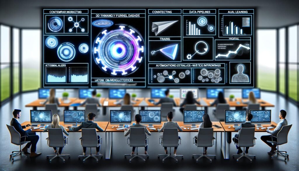Moderne Marketing-Agentur mit digitalen Dashboards, durchgestrichenen Excel-Tabellen und einem zentralen Zahnradsystem für KI-gestütztes Datenmanagement.
