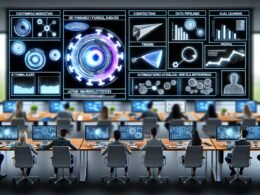 Moderne Marketing-Agentur mit digitalen Dashboards, durchgestrichenen Excel-Tabellen und einem zentralen Zahnradsystem für KI-gestütztes Datenmanagement.