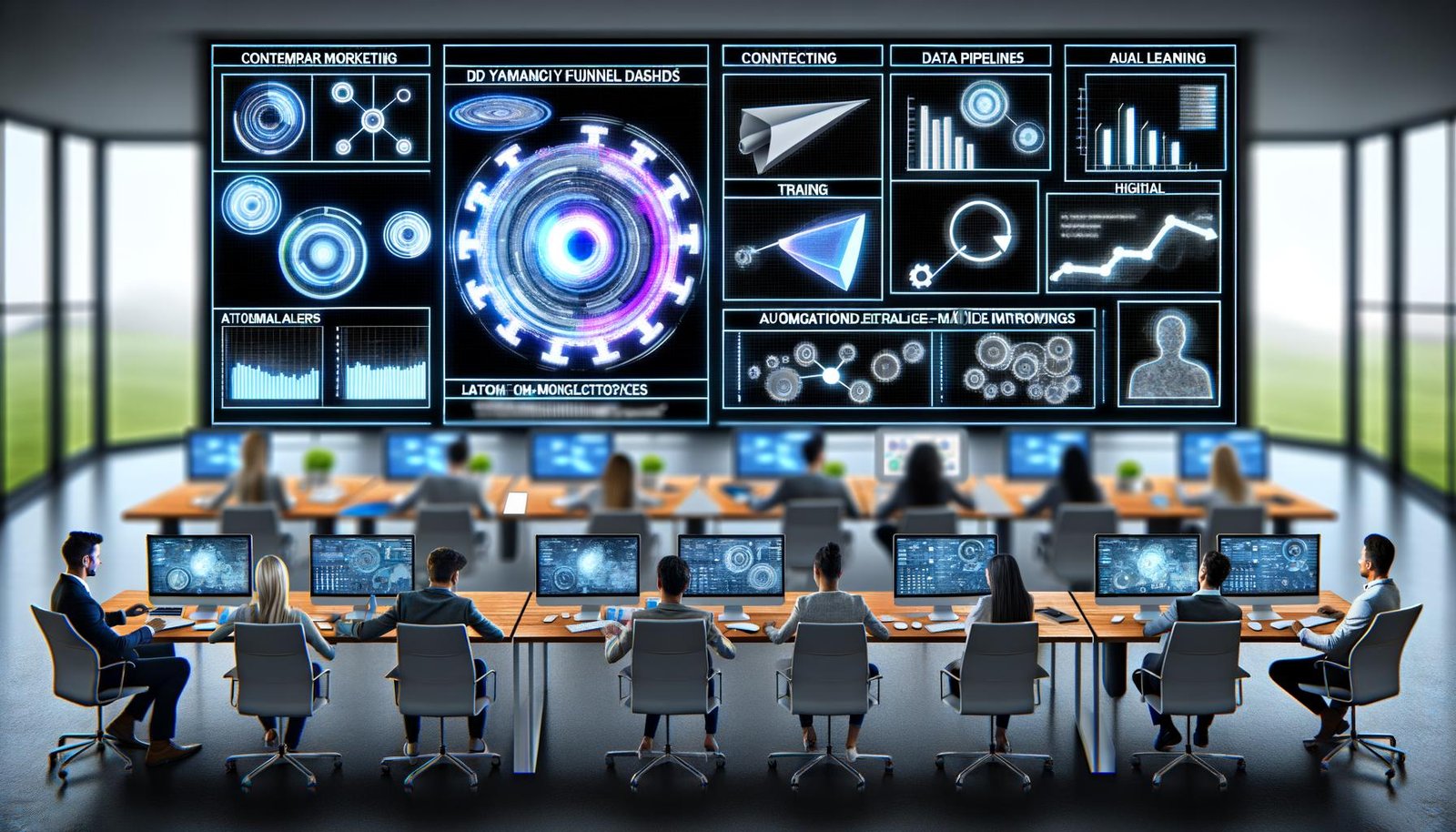 Moderne Marketing-Agentur mit digitalen Dashboards, durchgestrichenen Excel-Tabellen und einem zentralen Zahnradsystem für KI-gestütztes Datenmanagement.
