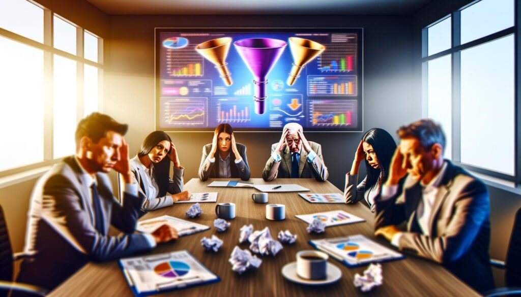 Genervte Marketing-Profis in einem modernen Büro sitzen um einen Konferenztisch vor einem unübersichtlichen Funnel Analyse Dashboard mit überladenen Grafiken und Zahlen.