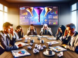 Genervte Marketing-Profis in einem modernen Büro sitzen um einen Konferenztisch vor einem unübersichtlichen Funnel Analyse Dashboard mit überladenen Grafiken und Zahlen.