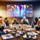 Genervte Marketing-Profis in einem modernen Büro sitzen um einen Konferenztisch vor einem unübersichtlichen Funnel Analyse Dashboard mit überladenen Grafiken und Zahlen.