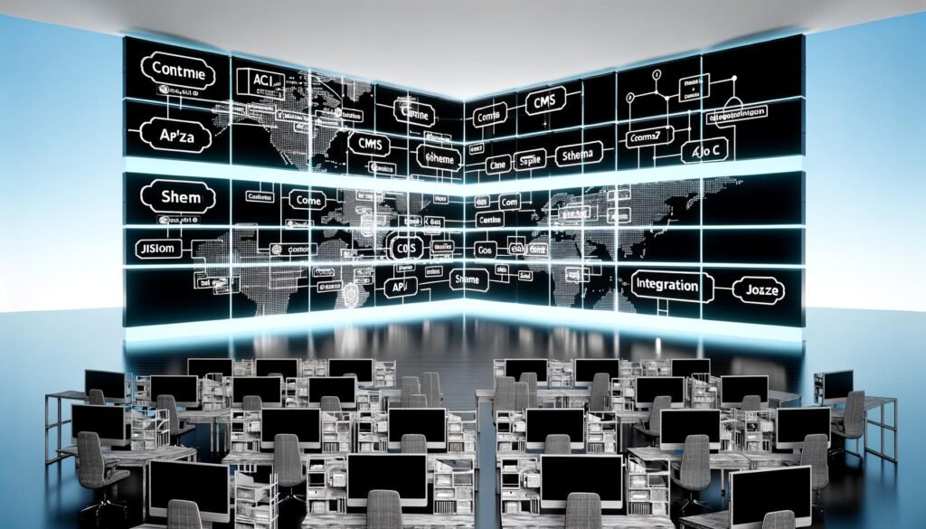 High-Tech-Arbeitsplatz mit großen Bildschirmen, die CMS-Diagramme, API-Codes und JSON-Flüsse präsentieren. Digitale Netzwerke visualisieren eine cloudbasierte, dezentrale Architektur mit klar gekennzeichneten Elementen.