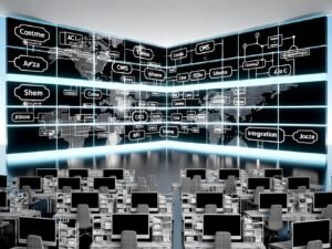 High-Tech-Arbeitsplatz mit großen Bildschirmen, die CMS-Diagramme, API-Codes und JSON-Flüsse präsentieren. Digitale Netzwerke visualisieren eine cloudbasierte, dezentrale Architektur mit klar gekennzeichneten Elementen.