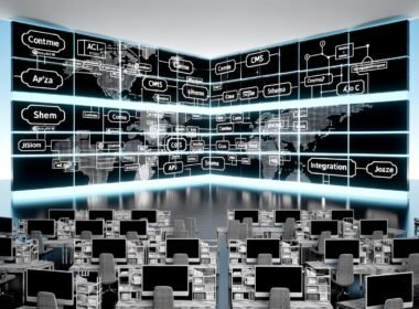 High-Tech-Arbeitsplatz mit großen Bildschirmen, die CMS-Diagramme, API-Codes und JSON-Flüsse präsentieren. Digitale Netzwerke visualisieren eine cloudbasierte, dezentrale Architektur mit klar gekennzeichneten Elementen.