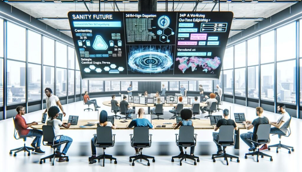 Moderne Hightech-Redaktion mit offenen Arbeitsplätzen, großen Monitoren mit Echtzeit-Daten und kollaborierenden Kreativen in digitaler Umgebung