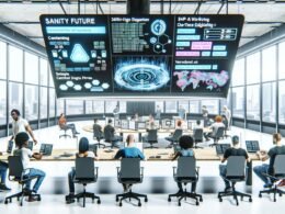 Moderne Hightech-Redaktion mit offenen Arbeitsplätzen, großen Monitoren mit Echtzeit-Daten und kollaborierenden Kreativen in digitaler Umgebung