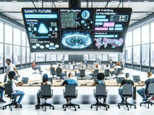 Moderne Hightech-Redaktion mit offenen Arbeitsplätzen, großen Monitoren mit Echtzeit-Daten und kollaborierenden Kreativen in digitaler Umgebung