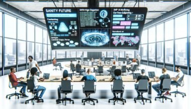 Moderne Hightech-Redaktion mit offenen Arbeitsplätzen, großen Monitoren mit Echtzeit-Daten und kollaborierenden Kreativen in digitaler Umgebung