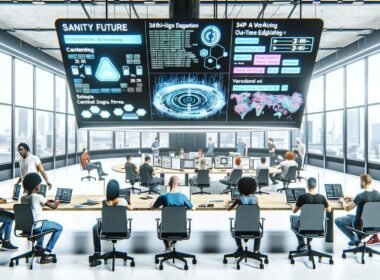 Moderne Hightech-Redaktion mit offenen Arbeitsplätzen, großen Monitoren mit Echtzeit-Daten und kollaborierenden Kreativen in digitaler Umgebung