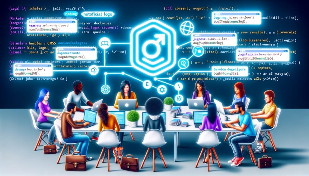 Illustration von Entwicklern und Marketern, die in einem modernen Workspace mit Laptops zusammenarbeiten. Im Hintergrund schweben Bausteine, JSON-Code, React- und Next.js-Logos sowie Netzwerkdiagramme, die zum Sanity-Logo führen.