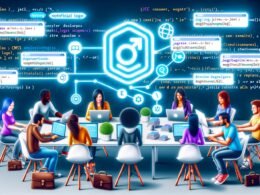 Illustration von Entwicklern und Marketern, die in einem modernen Workspace mit Laptops zusammenarbeiten. Im Hintergrund schweben Bausteine, JSON-Code, React- und Next.js-Logos sowie Netzwerkdiagramme, die zum Sanity-Logo führen.