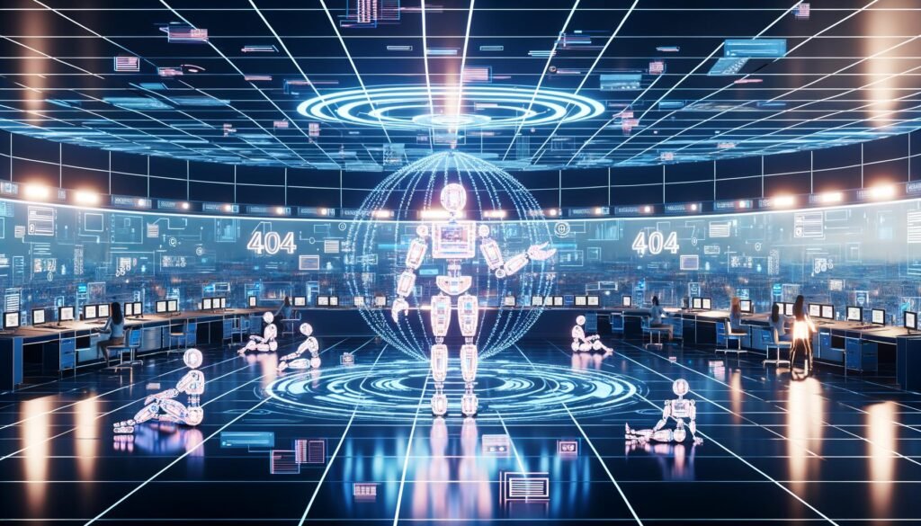 Futuristisch gestalteter Newsroom mit digitalen Bildschirmen, Roboterarmen und holografischen Datastreams, in dem Menschen und KI zusammenarbeiten, um digitale Inhalte zu produzieren.