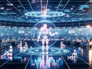 Futuristisch gestalteter Newsroom mit digitalen Bildschirmen, Roboterarmen und holografischen Datastreams, in dem Menschen und KI zusammenarbeiten, um digitale Inhalte zu produzieren.