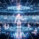 Futuristisch gestalteter Newsroom mit digitalen Bildschirmen, Roboterarmen und holografischen Datastreams, in dem Menschen und KI zusammenarbeiten, um digitale Inhalte zu produzieren.