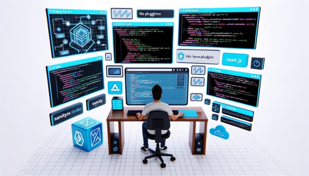 Illustration eines Entwicklers an einem High-Tech-Arbeitsplatz mit Sanity Headless CMS, modernen Frontend-Frameworks, API-Verbindungen sowie eingeblendeten Performance- und Debugging-Elementen.