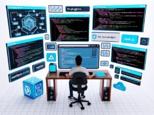 Illustration eines Entwicklers an einem High-Tech-Arbeitsplatz mit Sanity Headless CMS, modernen Frontend-Frameworks, API-Verbindungen sowie eingeblendeten Performance- und Debugging-Elementen.