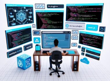 Illustration eines Entwicklers an einem High-Tech-Arbeitsplatz mit Sanity Headless CMS, modernen Frontend-Frameworks, API-Verbindungen sowie eingeblendeten Performance- und Debugging-Elementen.