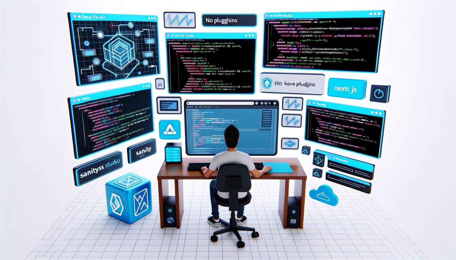 Illustration eines Entwicklers an einem High-Tech-Arbeitsplatz mit Sanity Headless CMS, modernen Frontend-Frameworks, API-Verbindungen sowie eingeblendeten Performance- und Debugging-Elementen.