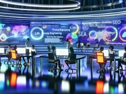 Futuristische Bürolandschaft mit jungen Marketers vor großen Curved-Monitoren, auf denen KI-Content-Tools, bunte SEO-Grafiken und holografische Cluster mit Begriffen wie LLM und Entity Recognition angezeigt werden.