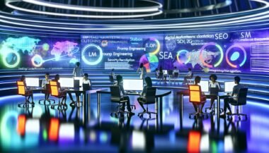 Futuristische Bürolandschaft mit jungen Marketers vor großen Curved-Monitoren, auf denen KI-Content-Tools, bunte SEO-Grafiken und holografische Cluster mit Begriffen wie LLM und Entity Recognition angezeigt werden.