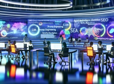 Futuristische Bürolandschaft mit jungen Marketers vor großen Curved-Monitoren, auf denen KI-Content-Tools, bunte SEO-Grafiken und holografische Cluster mit Begriffen wie LLM und Entity Recognition angezeigt werden.