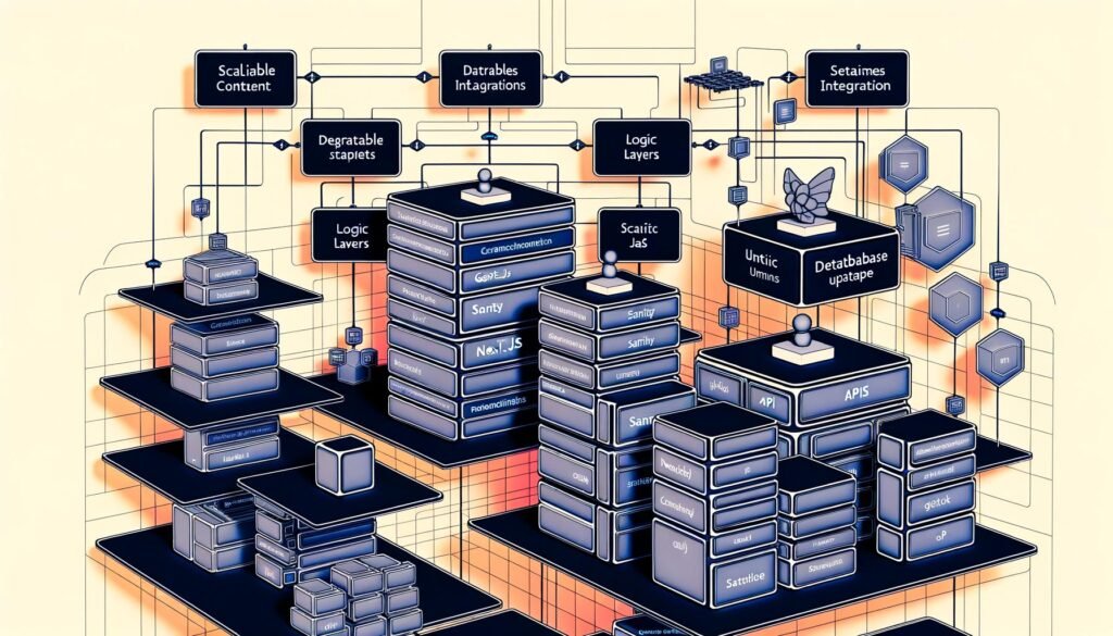 Visuell ansprechendes, modernes Dashboard zeigt Architektur eines Headless CMS mit miteinander verbundenen Modulen wie Sanity, Next.js, Nuxt und Gatsby sowie Echtzeit-Datenfluss und flexibler Schnittstellenstruktur.